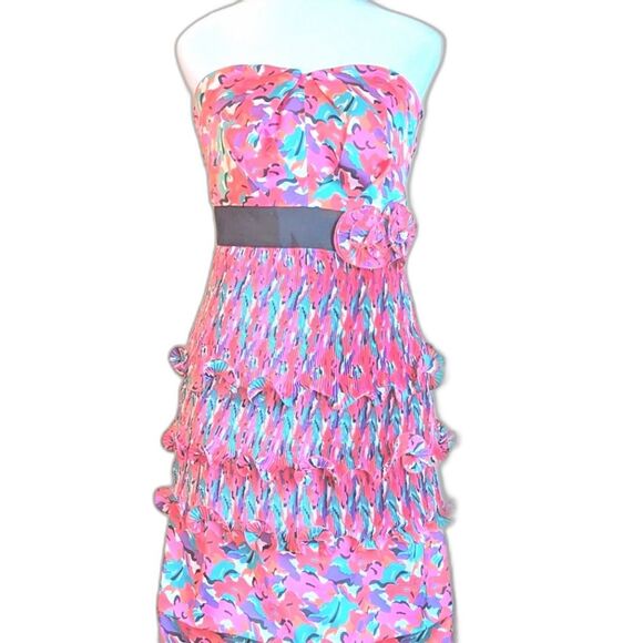 Phoebe Couture Floral Ruffled Belted Strapless Cocktail Midi Dress Size 12 - Picture 1 of 10